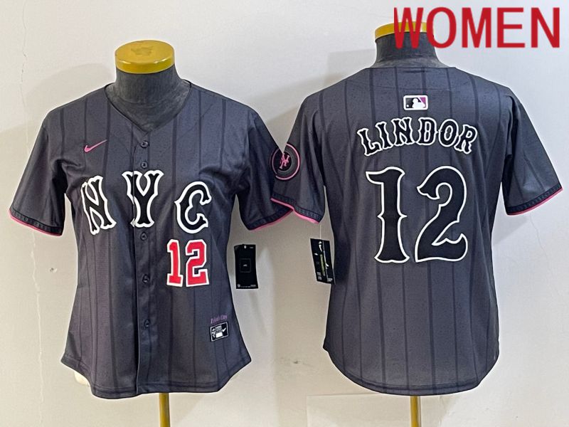Women New York Mets #12 Lindor Black City Edition 2024 Nike MLB Jersey style 4->->Women Jersey